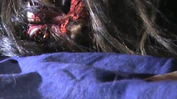Brunette in a red mask showing her pussy and fucking